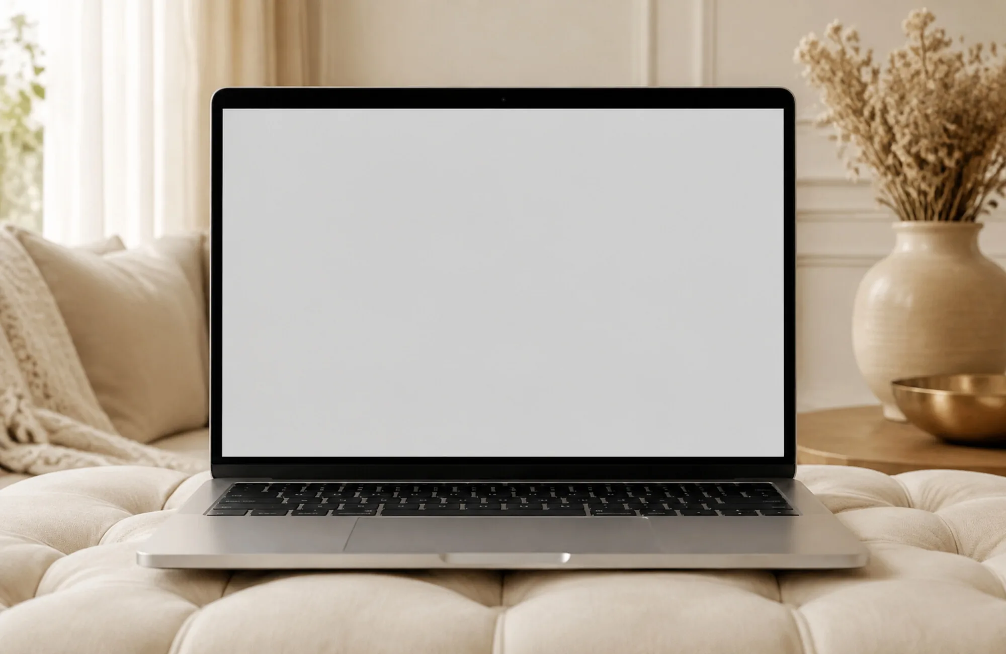 Aufgeklappter Laptop auf einem cremefarbenen Polster